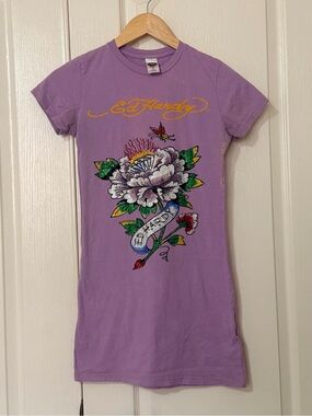 Ed Hardy Lavender Graphic Rhinestone Floral Tee | Size S